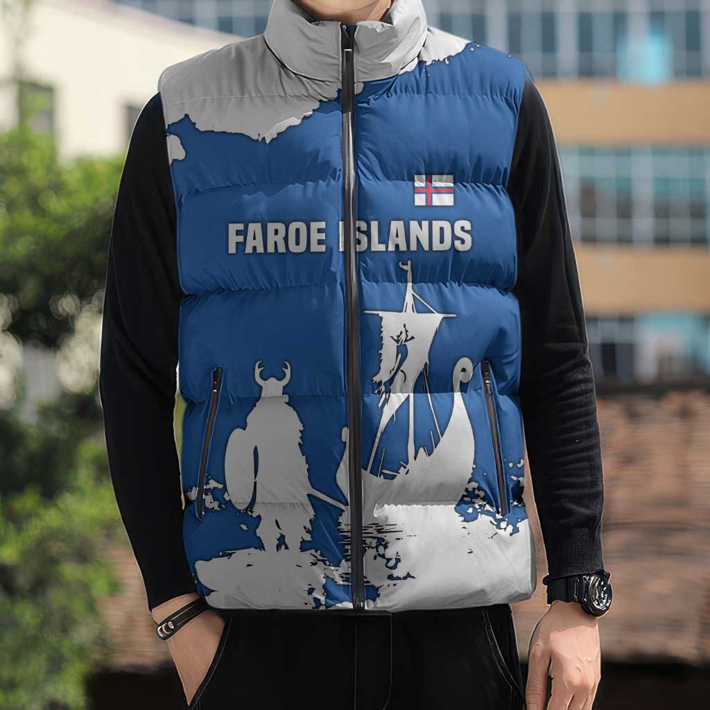 Faroe Islands Sleeveless Puffer Jacket with Viking Ship and Map Silhouette - Wonder Print Shop