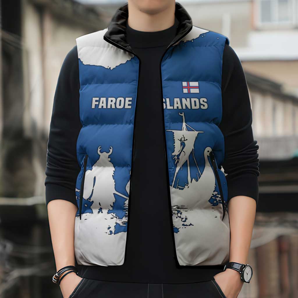 Faroe Islands Sleeveless Puffer Jacket with Viking Ship and Map Silhouette - Wonder Print Shop
