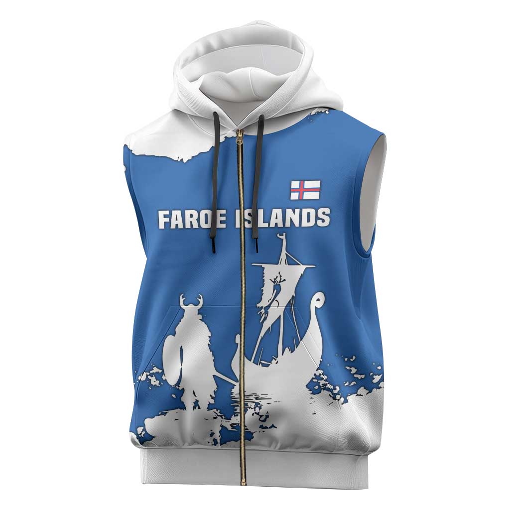Faroe Islands Sleeveless Zip Hoodie with Viking Ship and Map Silhouette - Wonder Print Shop