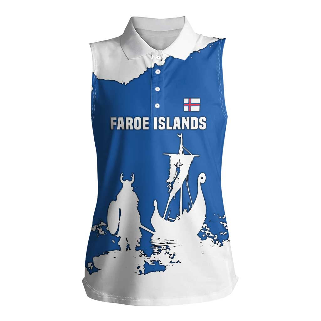 Faroe Islands Women Sleeveless Polo Shirt with Viking Ship and Map Silhouette - Wonder Print Shop