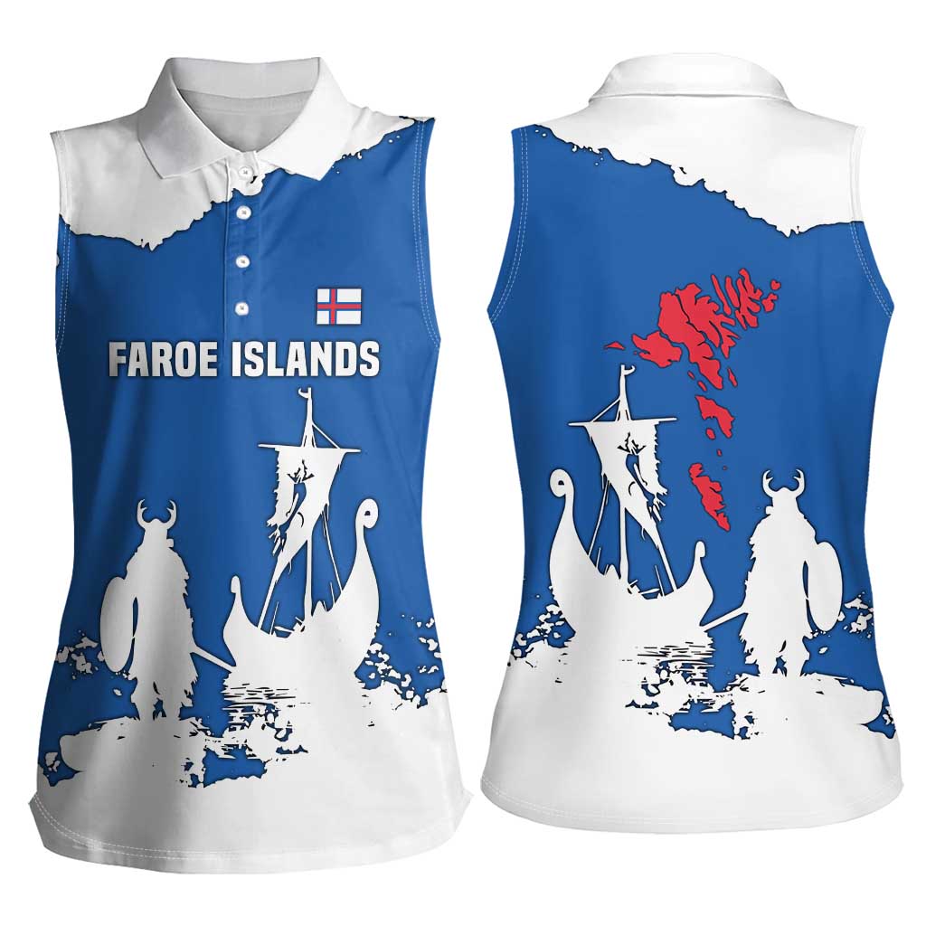 Faroe Islands Women Sleeveless Polo Shirt with Viking Ship and Map Silhouette - Wonder Print Shop