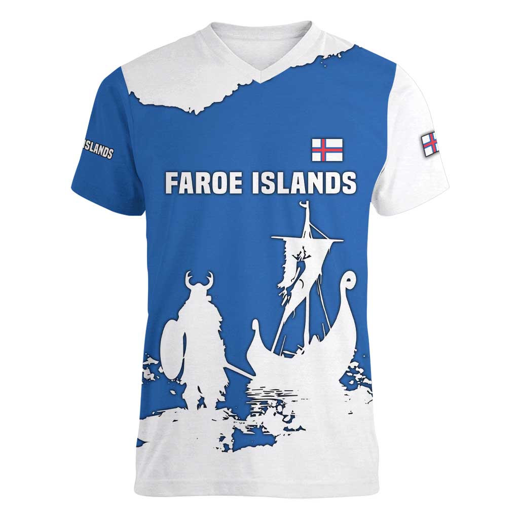 Faroe Islands Women V-Neck T-Shirt with Viking Ship and Map Silhouette - Wonder Print Shop