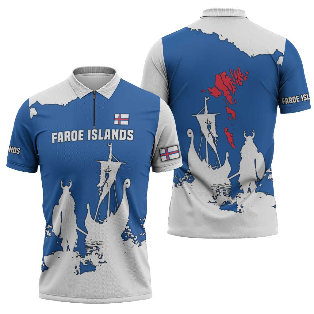 Faroe Islands Zipper Polo Shirt with Viking Ship and Map Silhouette - Wonder Print Shop