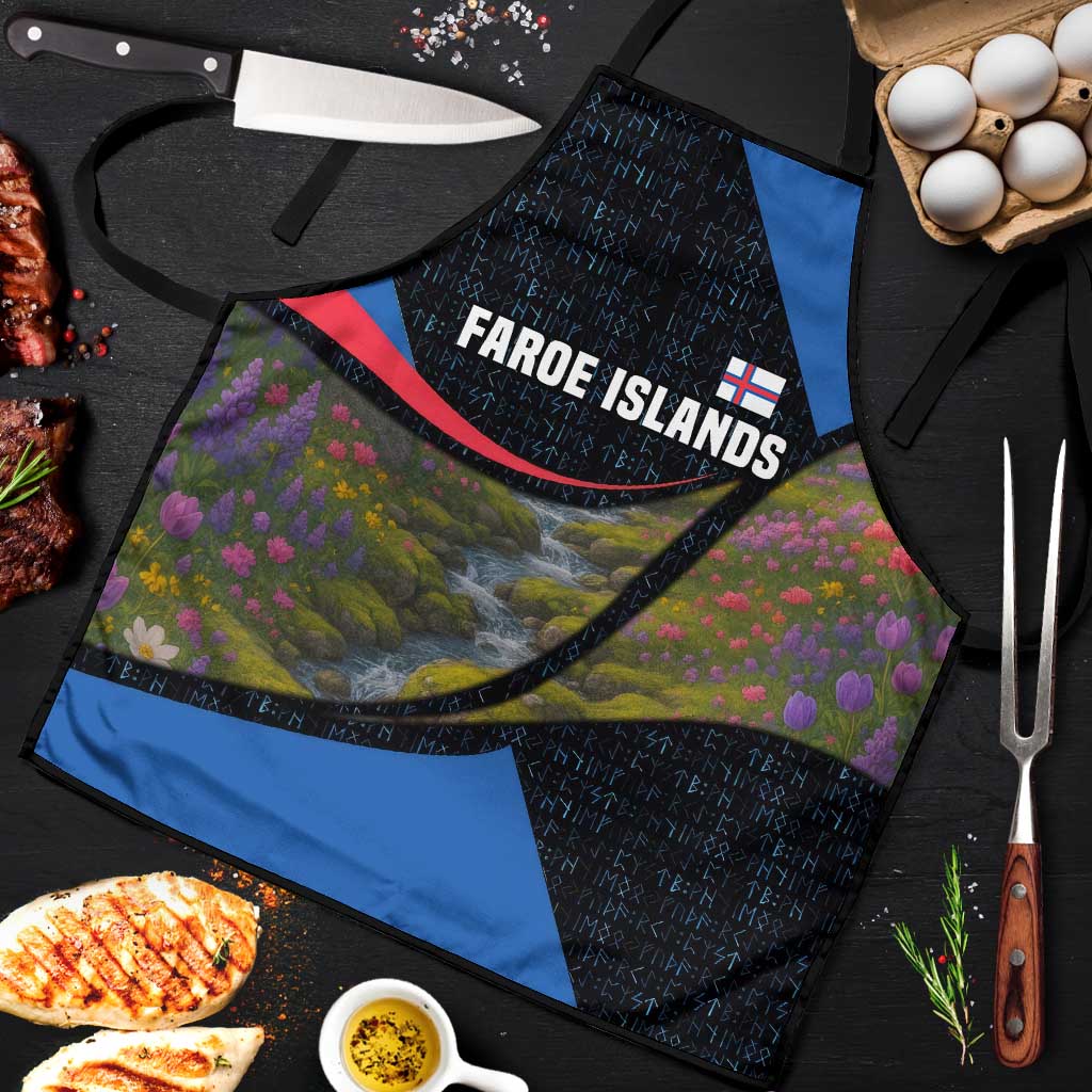 Faroe Islands Apron with Waterfall Nature Scene and Rune Pattern Design - Wonder Print Shop