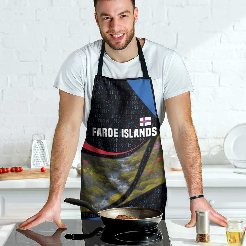 Faroe Islands Apron with Waterfall Nature Scene and Rune Pattern Design - Wonder Print Shop