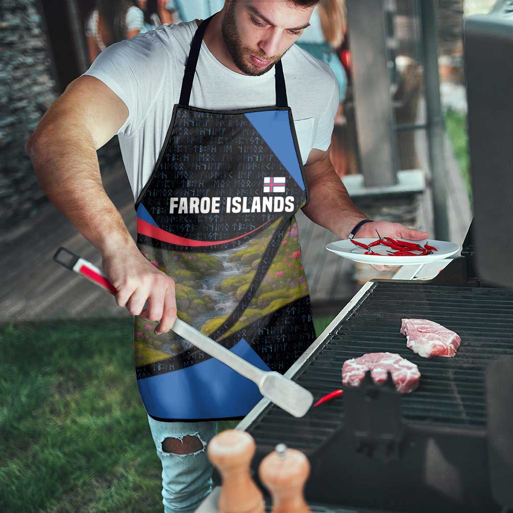 Faroe Islands Apron with Waterfall Nature Scene and Rune Pattern Design - Wonder Print Shop