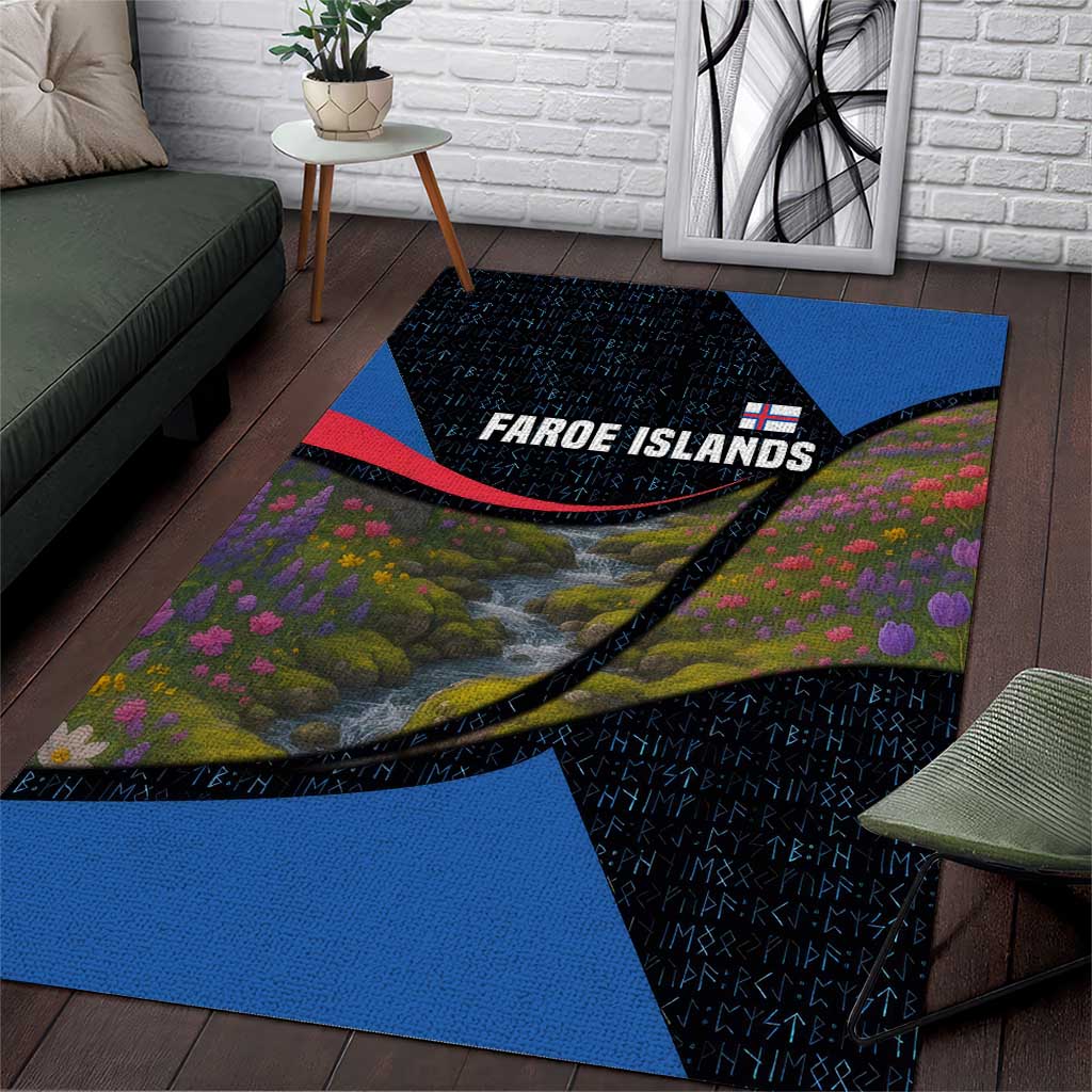 Faroe Islands Area Rug with Waterfall Nature Scene and Rune Pattern Design - Wonder Print Shop