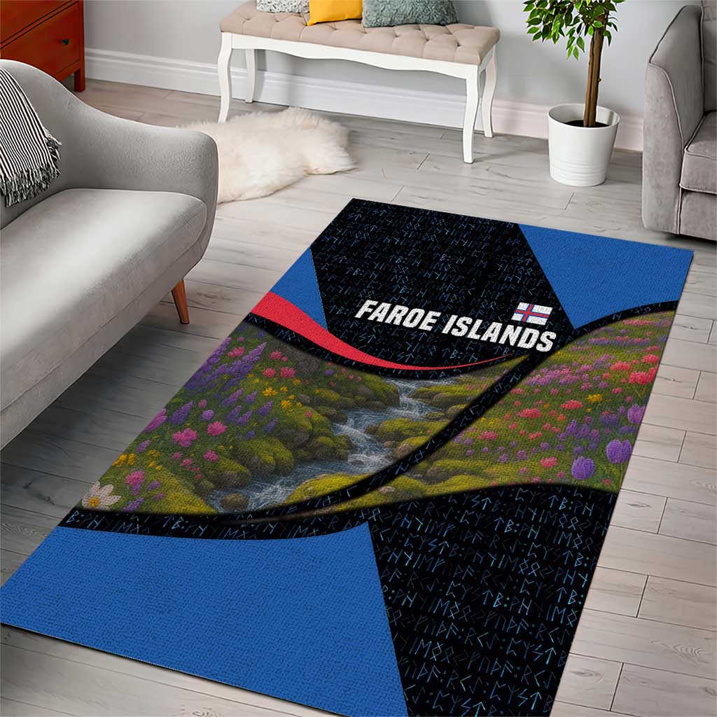 Faroe Islands Area Rug with Waterfall Nature Scene and Rune Pattern Design - Wonder Print Shop