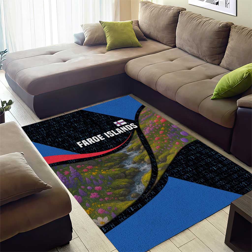 Faroe Islands Area Rug with Waterfall Nature Scene and Rune Pattern Design - Wonder Print Shop