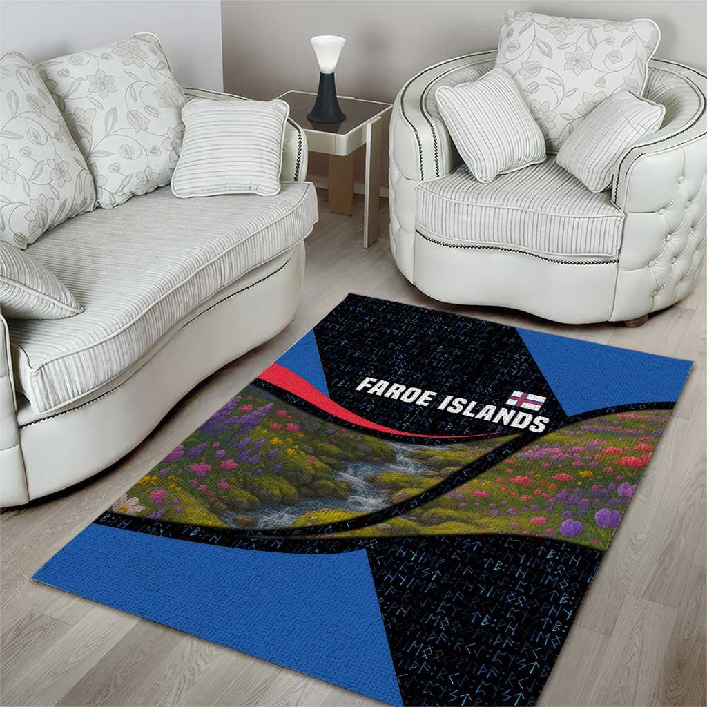 Faroe Islands Area Rug with Waterfall Nature Scene and Rune Pattern Design - Wonder Print Shop