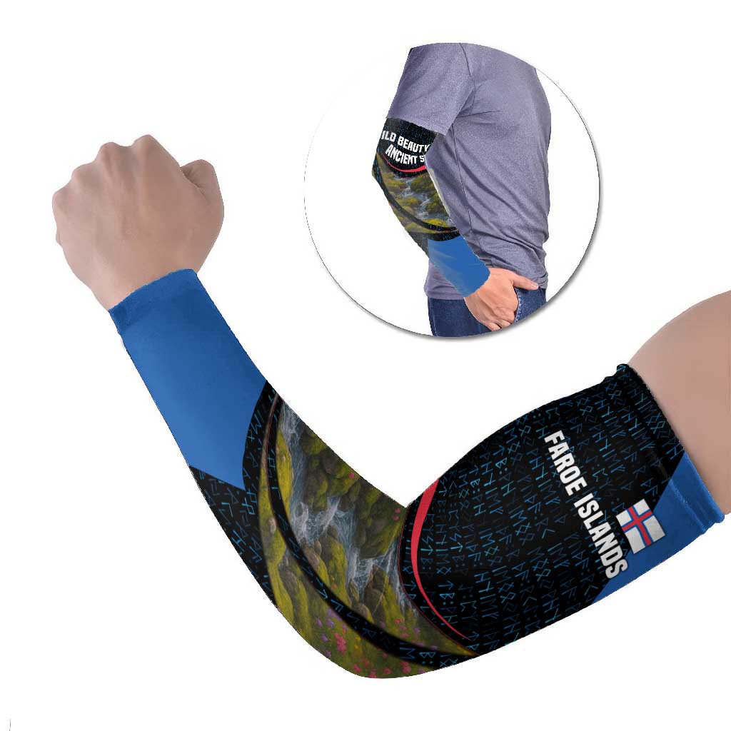 Faroe Islands Arm Sleeves with Waterfall Nature Scene and Rune Pattern Design - Wonder Print Shop