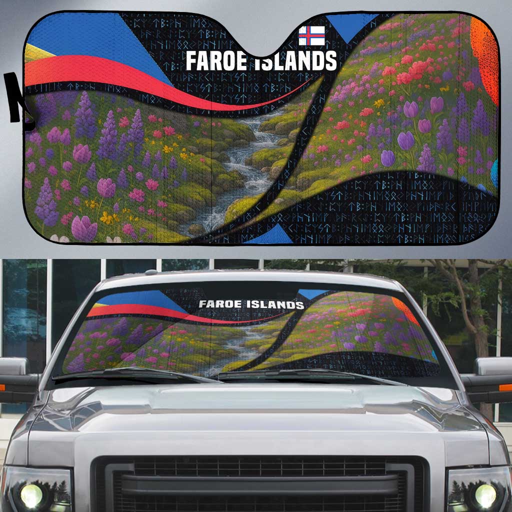 Faroe Islands Auto Sun Shade with Waterfall Nature Scene and Rune Pattern Design - Wonder Print Shop
