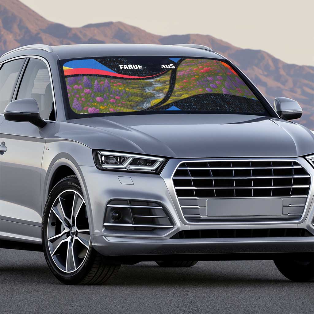 Faroe Islands Auto Sun Shade with Waterfall Nature Scene and Rune Pattern Design - Wonder Print Shop