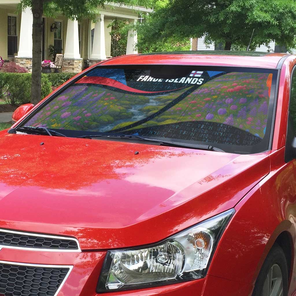 Faroe Islands Auto Sun Shade with Waterfall Nature Scene and Rune Pattern Design - Wonder Print Shop