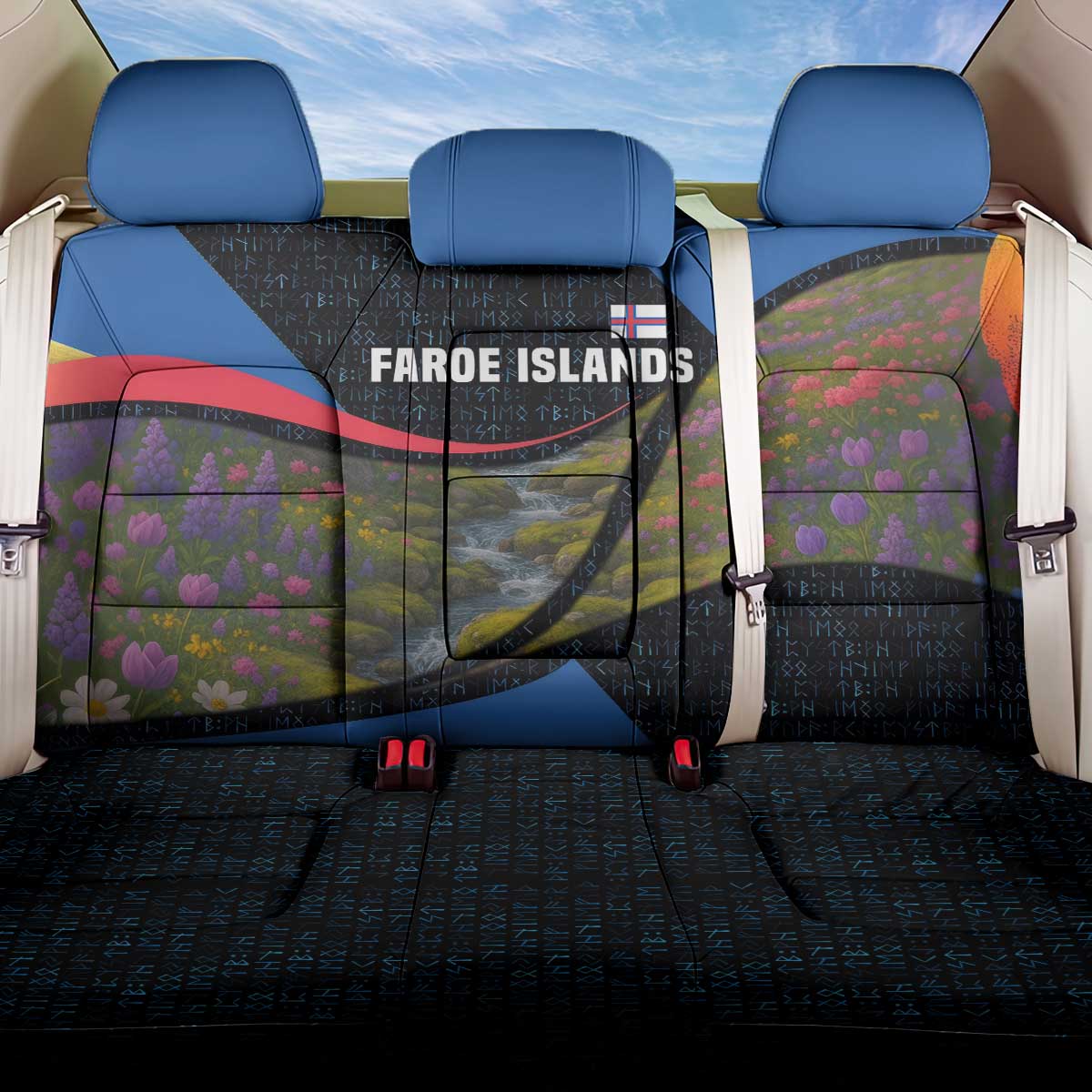 Faroe Islands Back Car Seat Cover with Waterfall Nature Scene and Rune Pattern Design - Wonder Print Shop