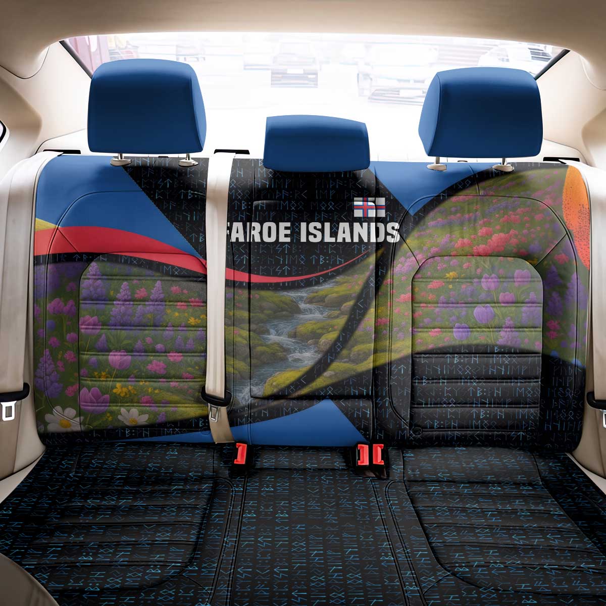 Faroe Islands Back Car Seat Cover with Waterfall Nature Scene and Rune Pattern Design - Wonder Print Shop