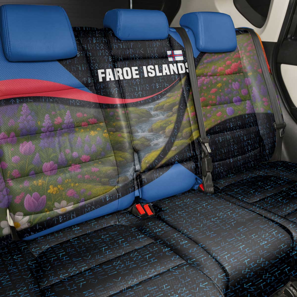 Faroe Islands Back Car Seat Cover with Waterfall Nature Scene and Rune Pattern Design - Wonder Print Shop