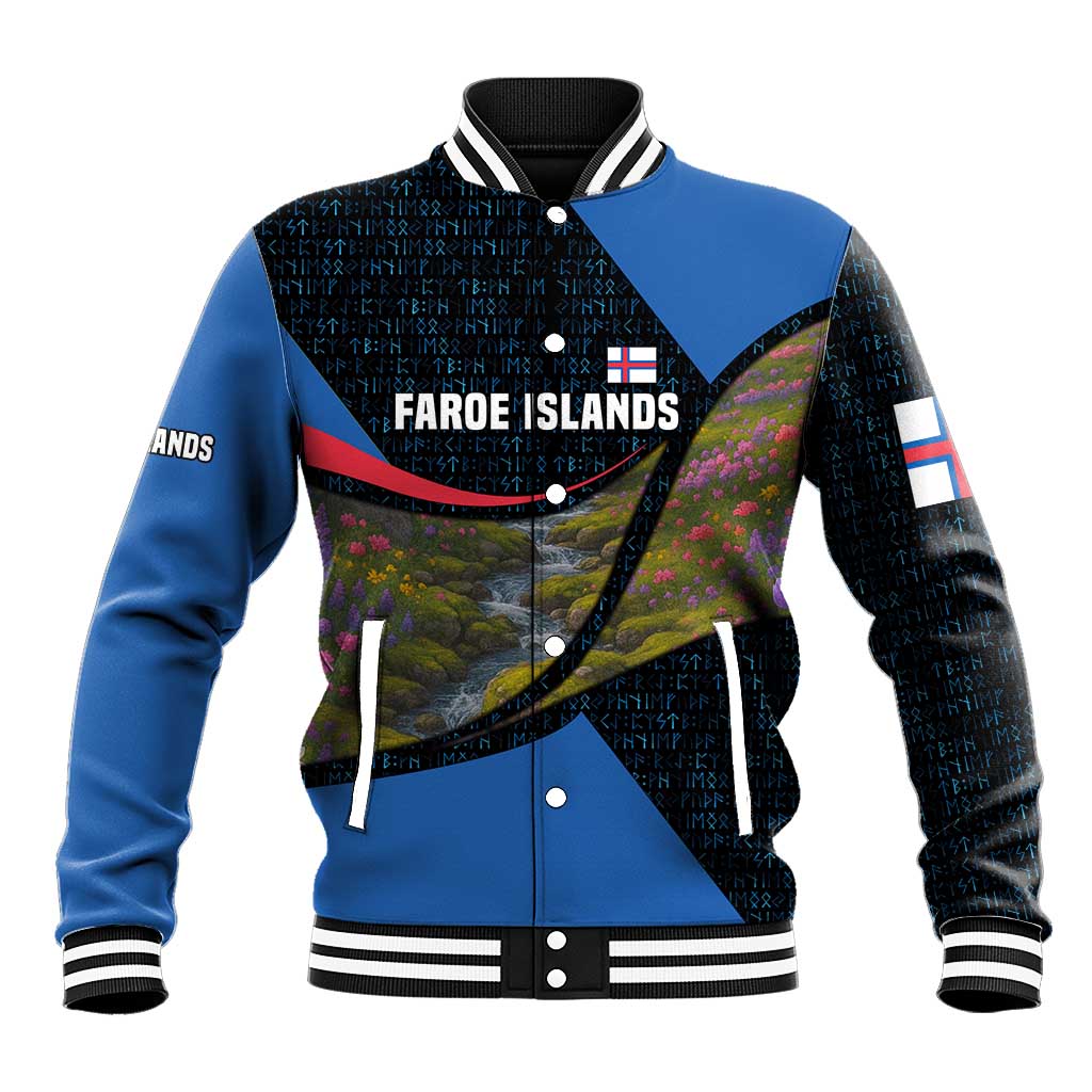 Faroe Islands Baseball Jacket with Waterfall Nature Scene and Rune Pattern Design - Wonder Print Shop