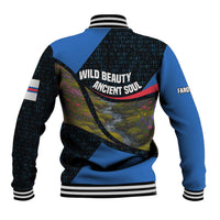 Faroe Islands Baseball Jacket with Waterfall Nature Scene and Rune Pattern Design - Wonder Print Shop