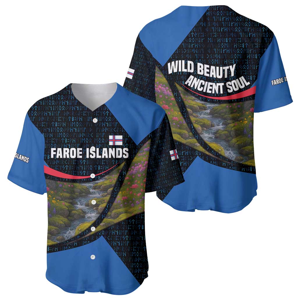 Faroe Islands Baseball Jersey with Waterfall Nature Scene and Rune Pattern Design - Wonder Print Shop