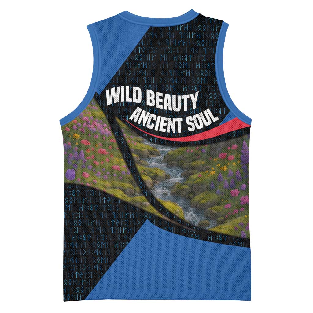 Faroe Islands Basketball Jersey with Waterfall Nature Scene and Rune Pattern Design - Wonder Print Shop