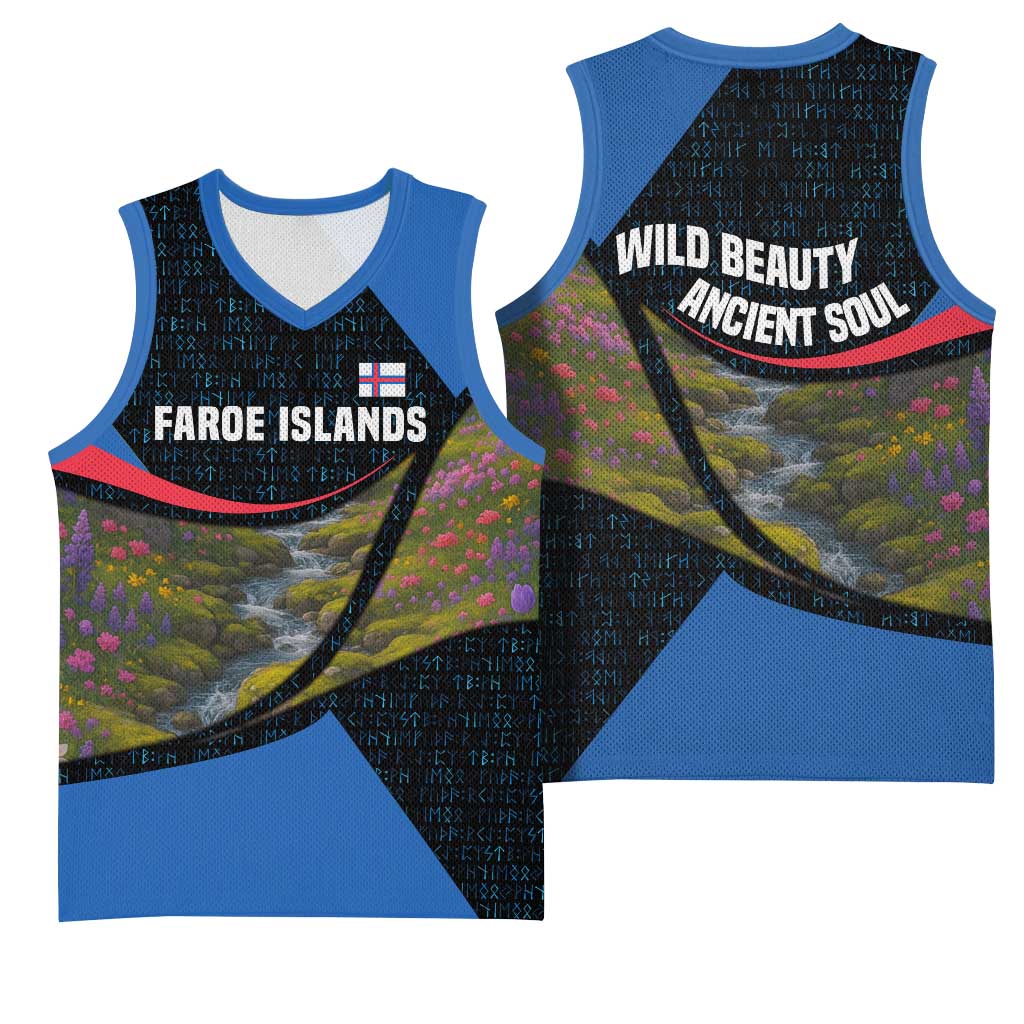 Faroe Islands Basketball Jersey with Waterfall Nature Scene and Rune Pattern Design - Wonder Print Shop