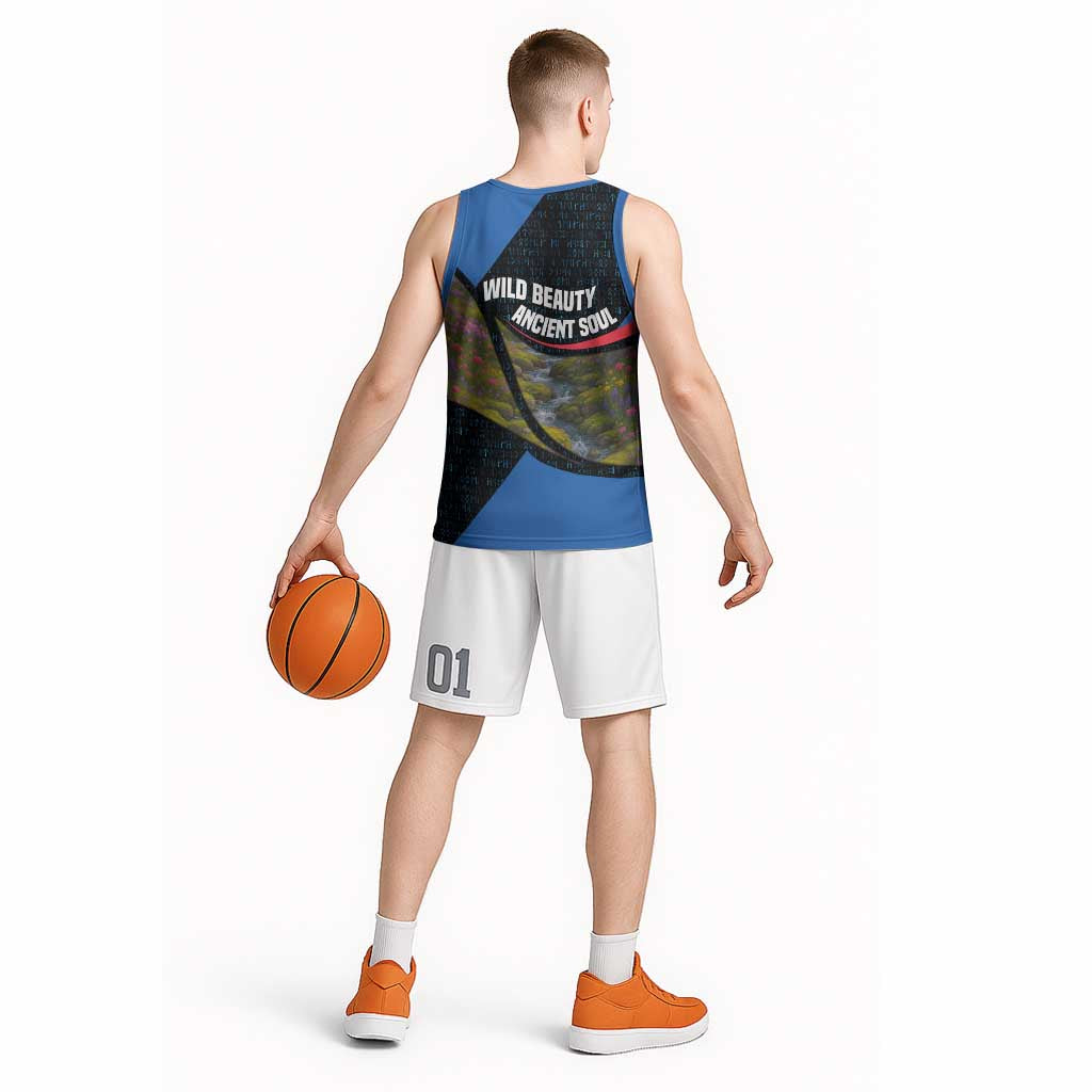 Faroe Islands Basketball Jersey with Waterfall Nature Scene and Rune Pattern Design - Wonder Print Shop