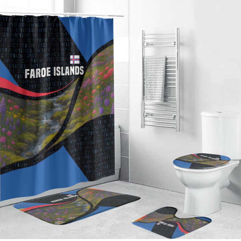 Faroe Islands Bathroom Set with Waterfall Nature Scene and Rune Pattern Design - Wonder Print Shop