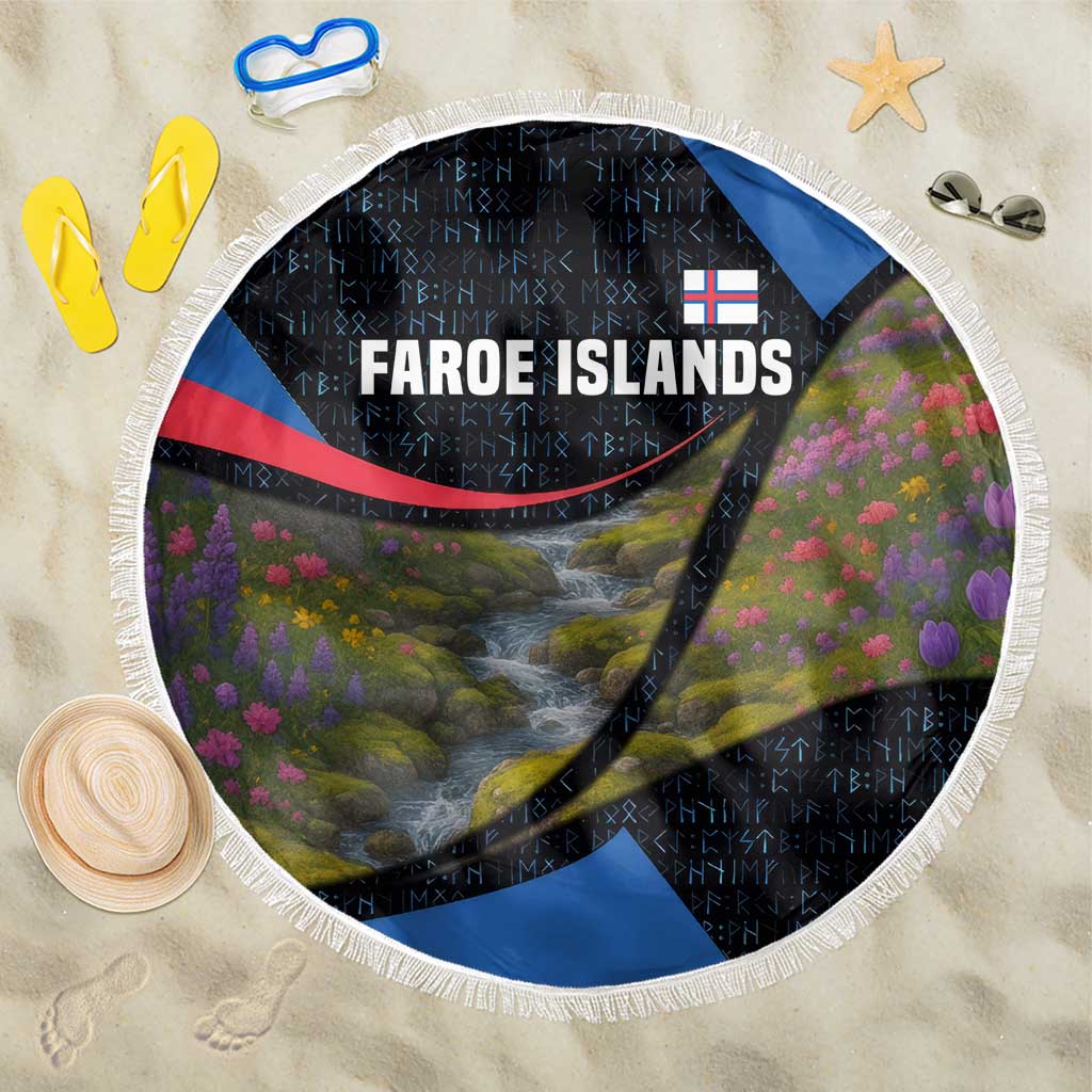 Faroe Islands Beach Blanket with Waterfall Nature Scene and Rune Pattern Design - Wonder Print Shop