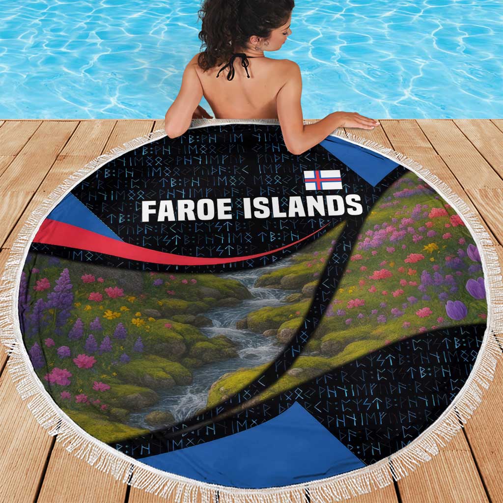Faroe Islands Beach Blanket with Waterfall Nature Scene and Rune Pattern Design - Wonder Print Shop