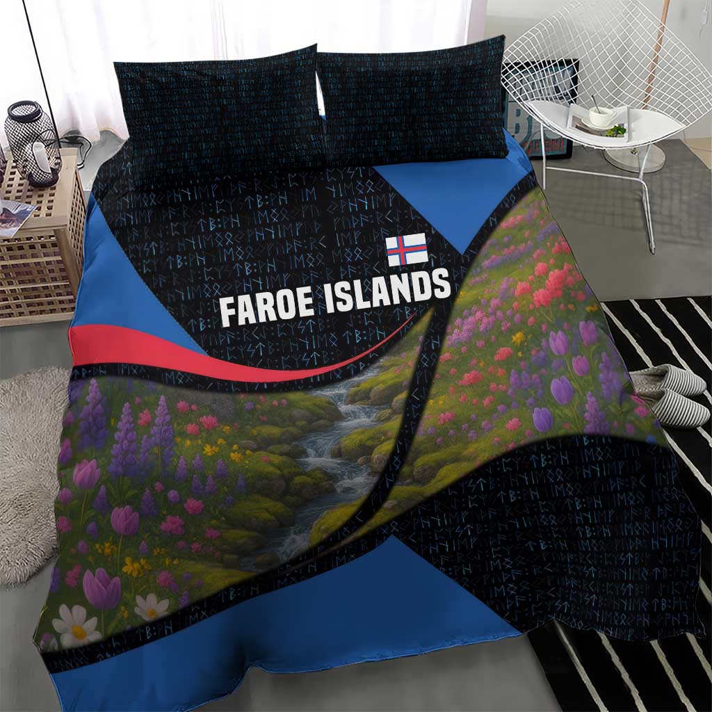 Faroe Islands Bedding Set with Waterfall Nature Scene and Rune Pattern Design - Wonder Print Shop