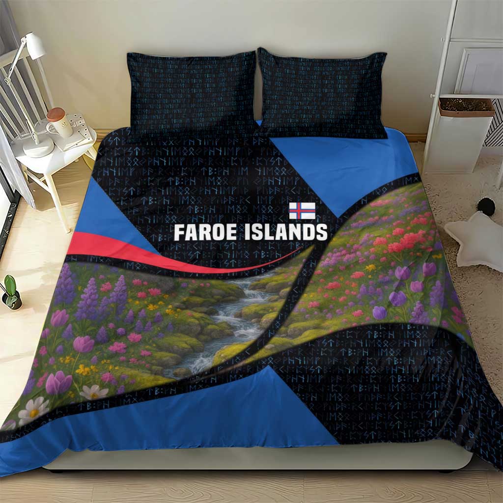 Faroe Islands Bedding Set with Waterfall Nature Scene and Rune Pattern Design - Wonder Print Shop