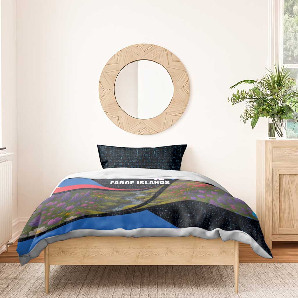 Faroe Islands Bedding Set with Waterfall Nature Scene and Rune Pattern Design - Wonder Print Shop