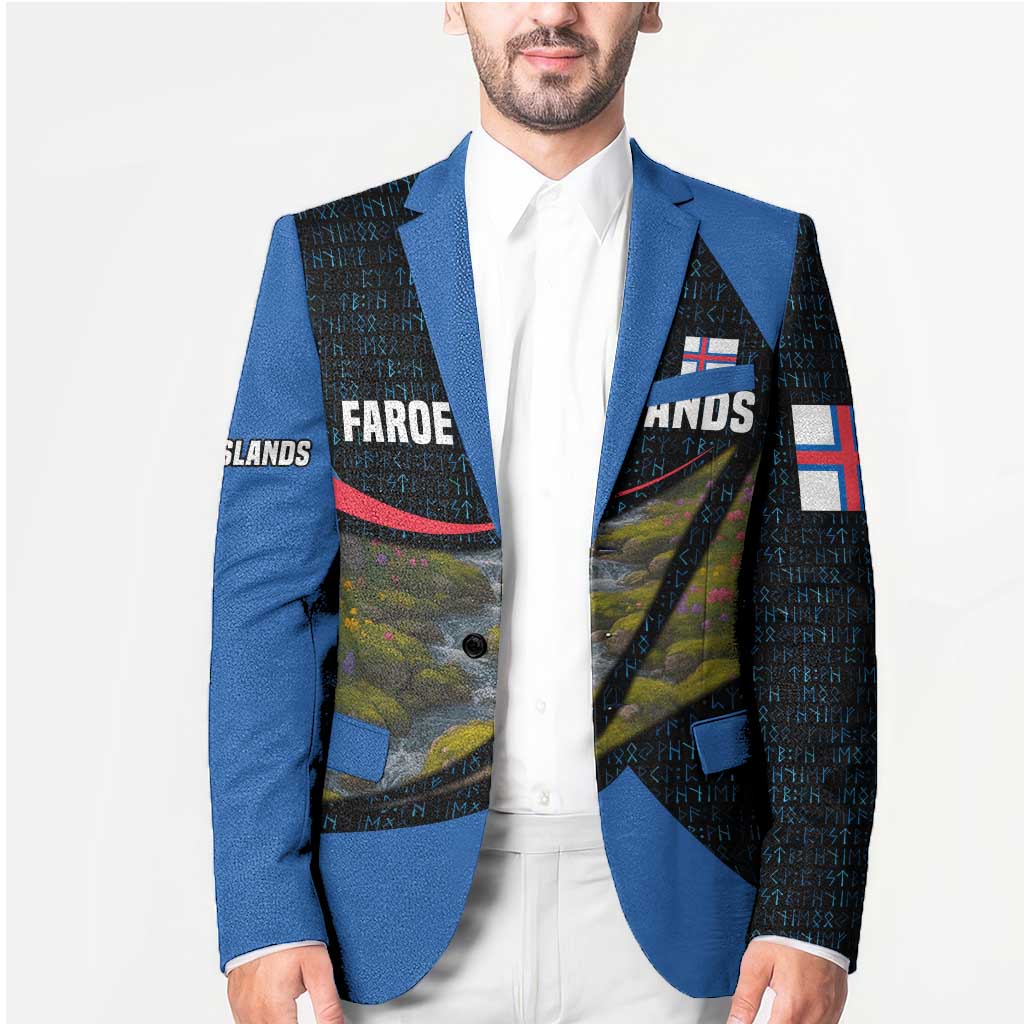 Faroe Islands Blazer with Waterfall Nature Scene and Rune Pattern Design - Wonder Print Shop