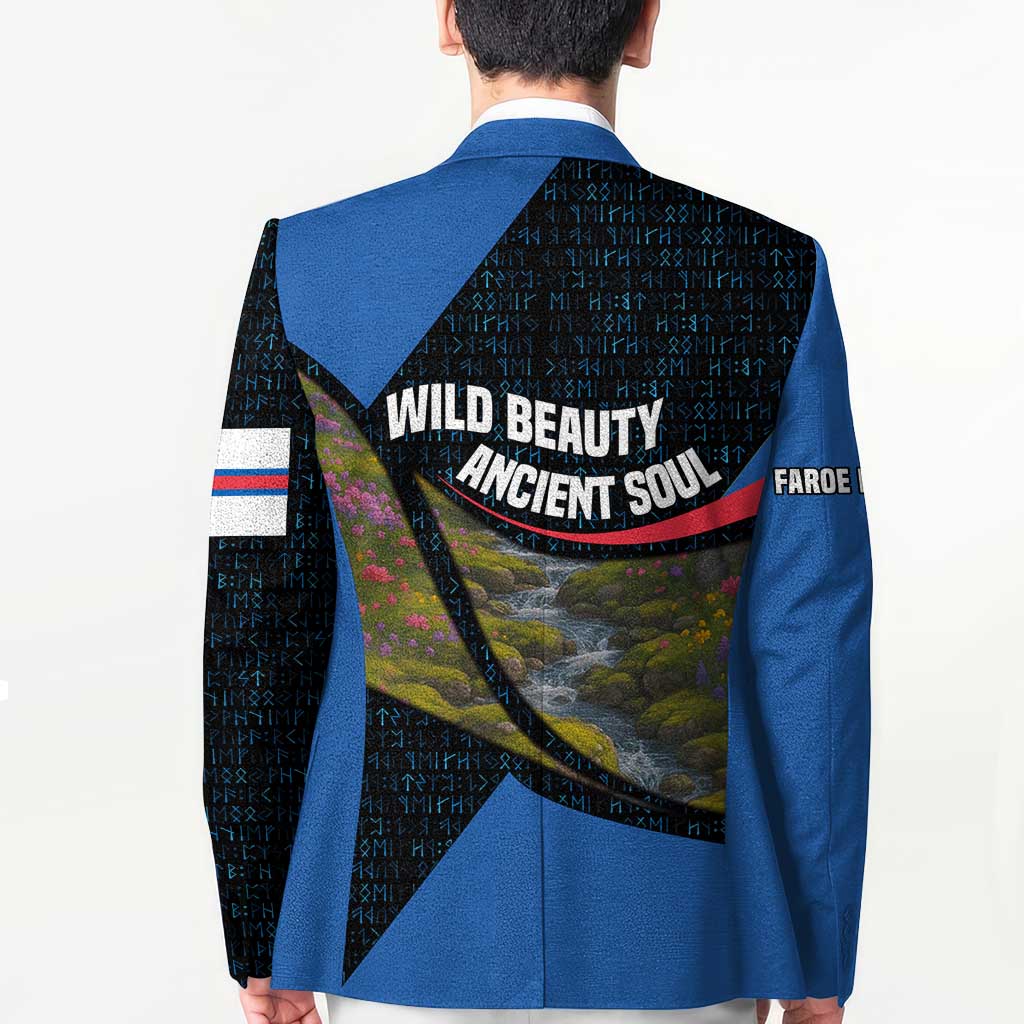 Faroe Islands Blazer with Waterfall Nature Scene and Rune Pattern Design - Wonder Print Shop