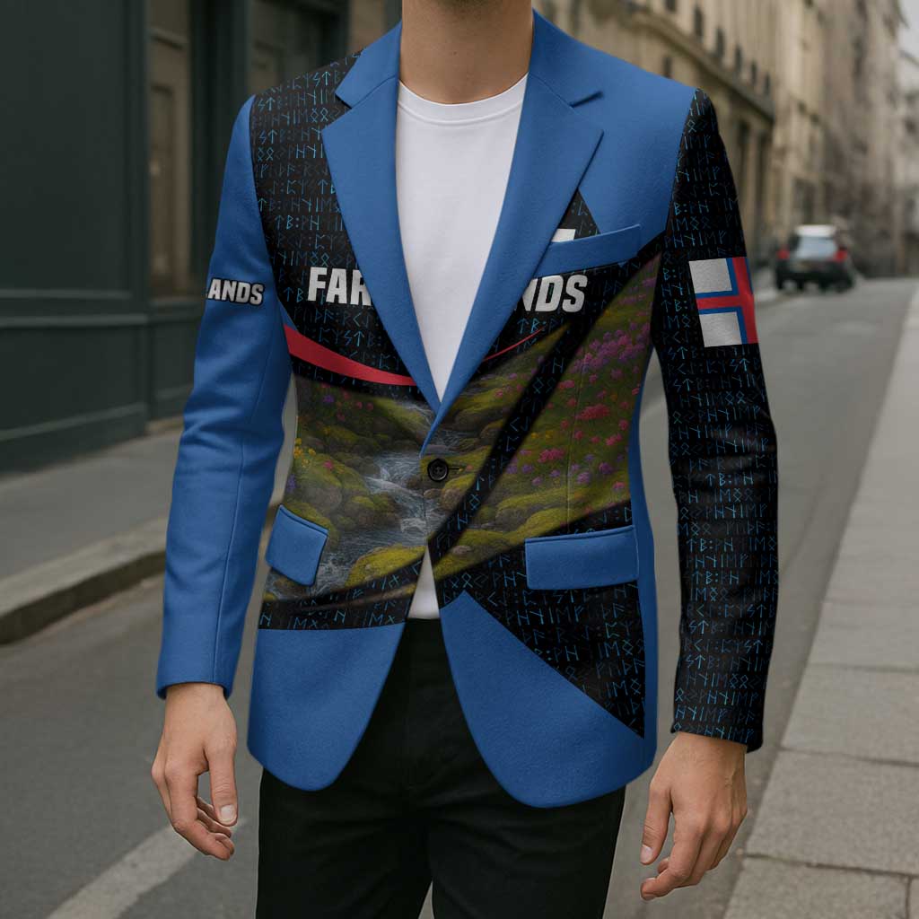 Faroe Islands Blazer with Waterfall Nature Scene and Rune Pattern Design - Wonder Print Shop