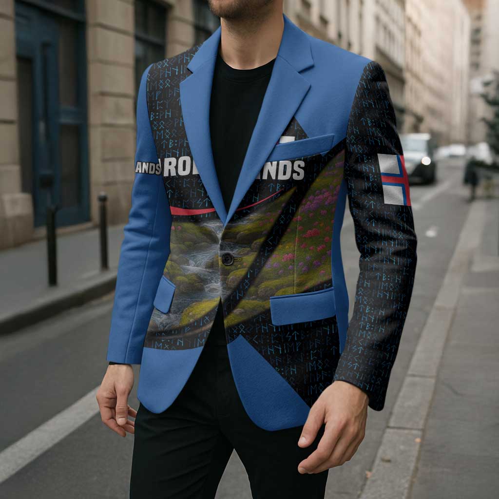 Faroe Islands Blazer with Waterfall Nature Scene and Rune Pattern Design - Wonder Print Shop