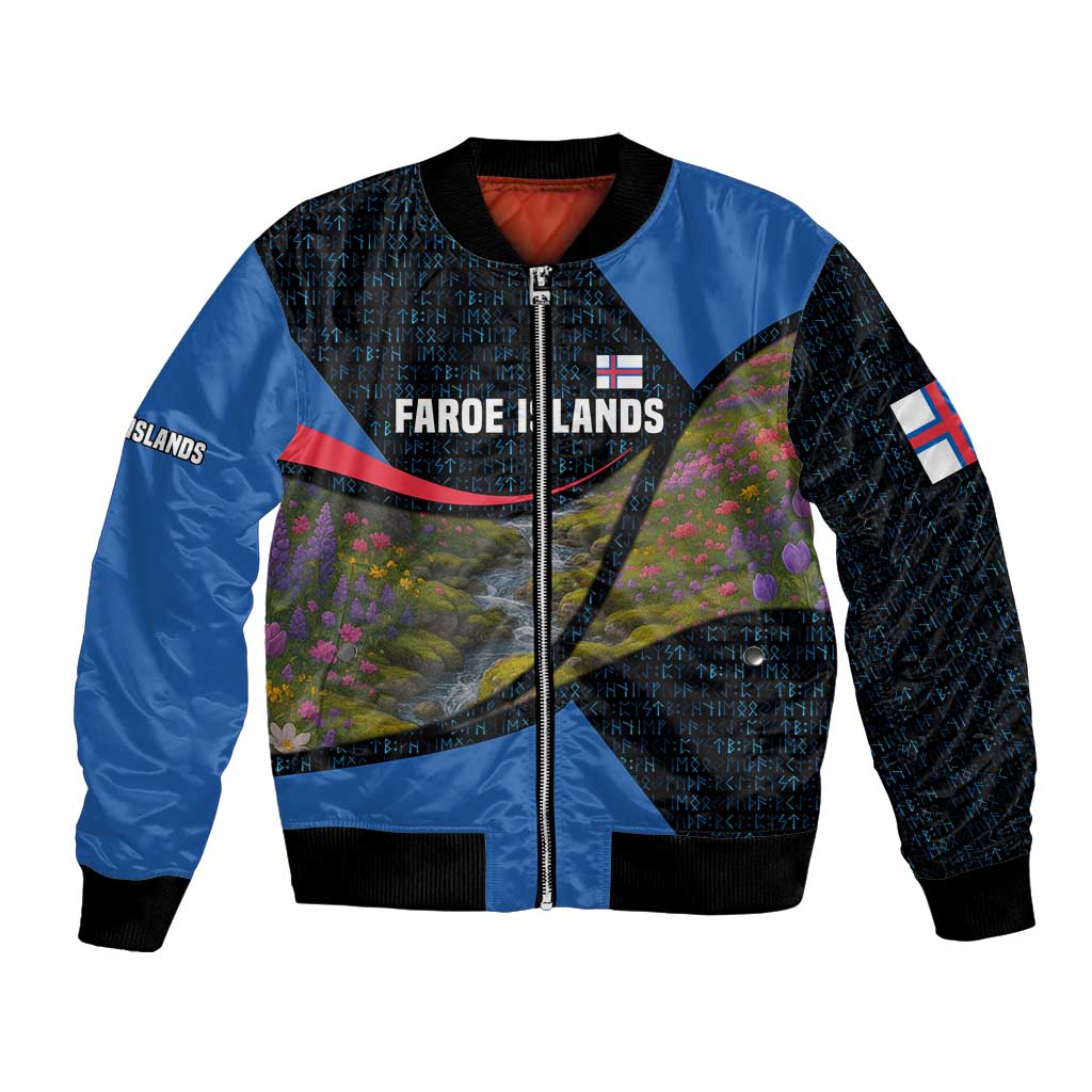 Faroe Islands Bomber Jacket with Waterfall Nature Scene and Rune Pattern Design - Wonder Print Shop