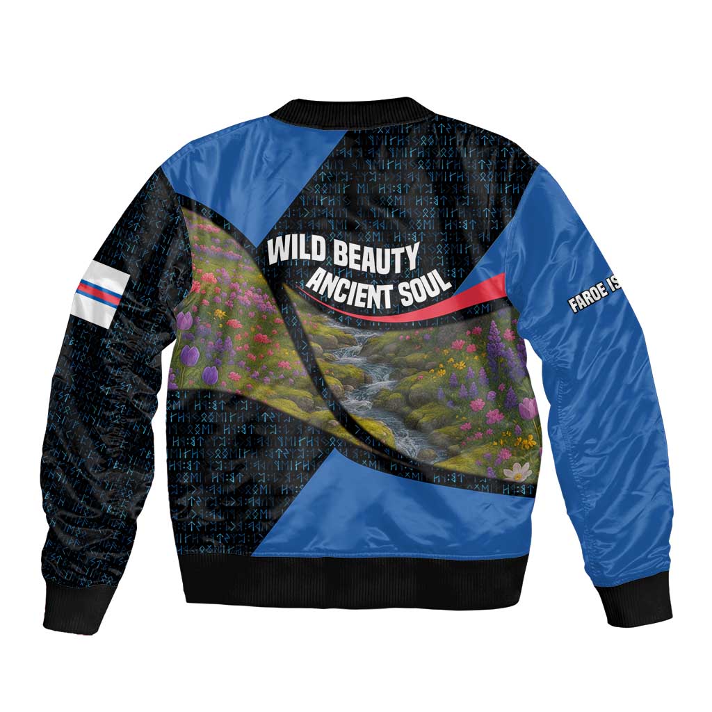 Faroe Islands Bomber Jacket with Waterfall Nature Scene and Rune Pattern Design - Wonder Print Shop
