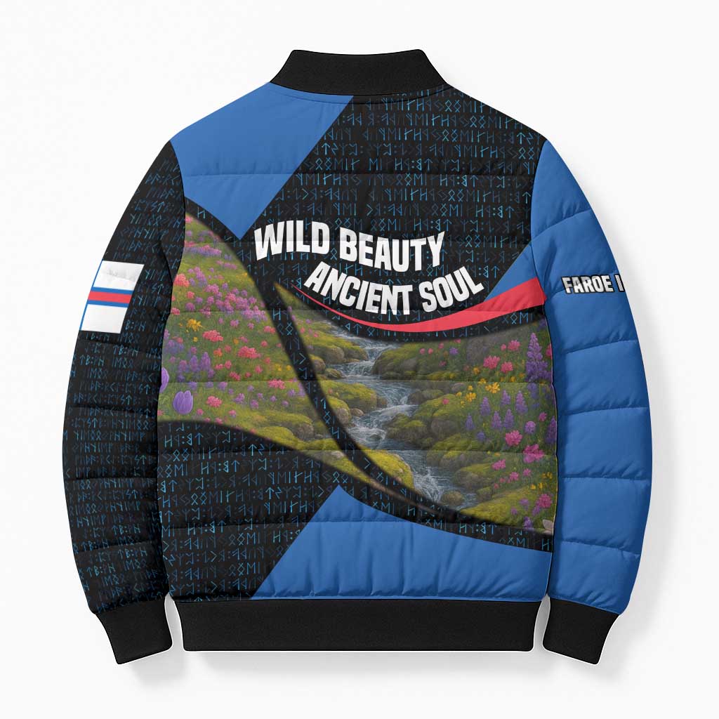 Faroe Islands Bomber Puffer Jacket with Waterfall Nature Scene and Rune Pattern Design - Wonder Print Shop