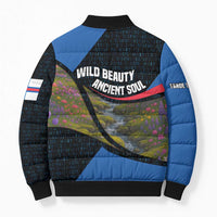 Faroe Islands Bomber Puffer Jacket with Waterfall Nature Scene and Rune Pattern Design - Wonder Print Shop