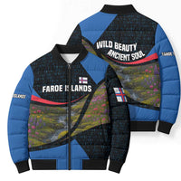 Faroe Islands Bomber Puffer Jacket with Waterfall Nature Scene and Rune Pattern Design - Wonder Print Shop