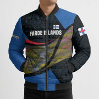 Faroe Islands Bomber Puffer Jacket with Waterfall Nature Scene and Rune Pattern Design - Wonder Print Shop