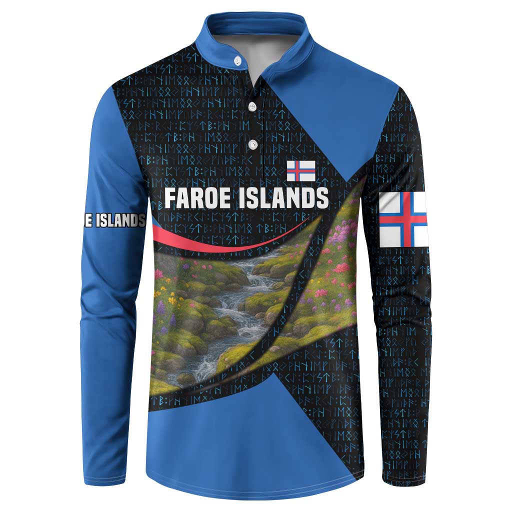 Faroe Islands Button Sweatshirt with Waterfall Nature Scene and Rune Pattern Design - Wonder Print Shop