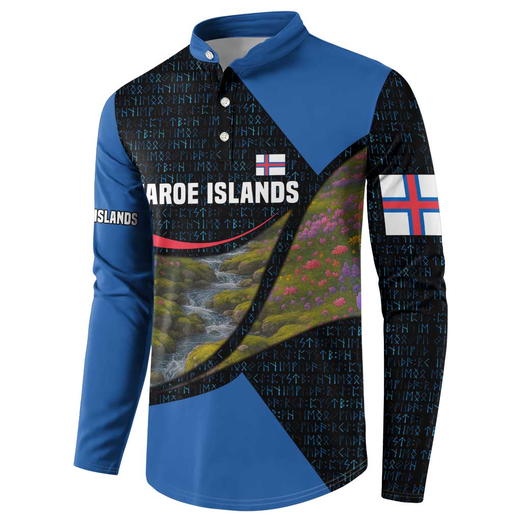 Faroe Islands Button Sweatshirt with Waterfall Nature Scene and Rune Pattern Design - Wonder Print Shop