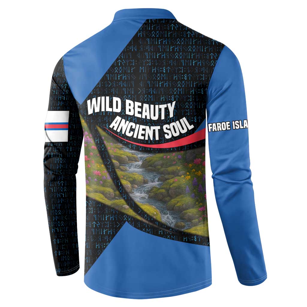 Faroe Islands Button Sweatshirt with Waterfall Nature Scene and Rune Pattern Design - Wonder Print Shop