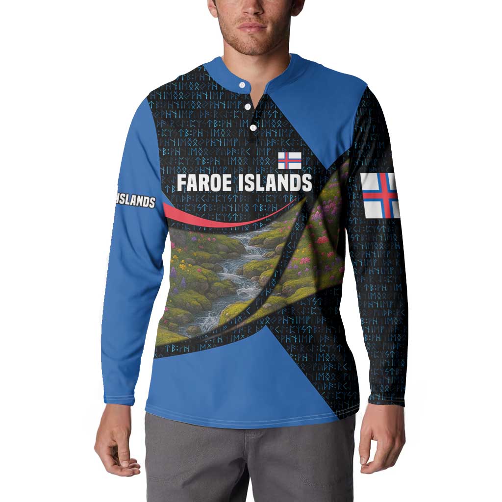 Faroe Islands Button Sweatshirt with Waterfall Nature Scene and Rune Pattern Design - Wonder Print Shop