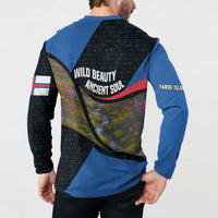 Faroe Islands Button Sweatshirt with Waterfall Nature Scene and Rune Pattern Design - Wonder Print Shop