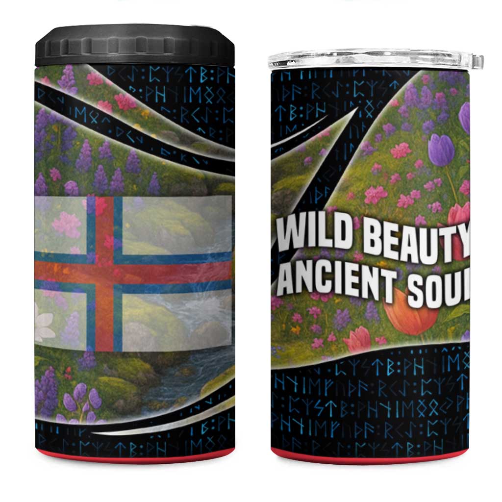 Faroe Islands 4 in 1 Can Cooler Tumbler with Waterfall Nature Scene and Rune Pattern Design - Wonder Print Shop
