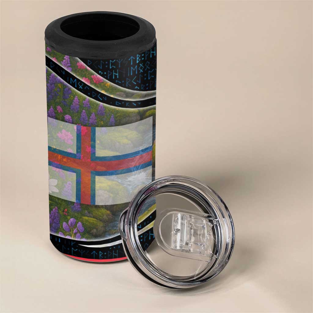 Faroe Islands 4 in 1 Can Cooler Tumbler with Waterfall Nature Scene and Rune Pattern Design - Wonder Print Shop